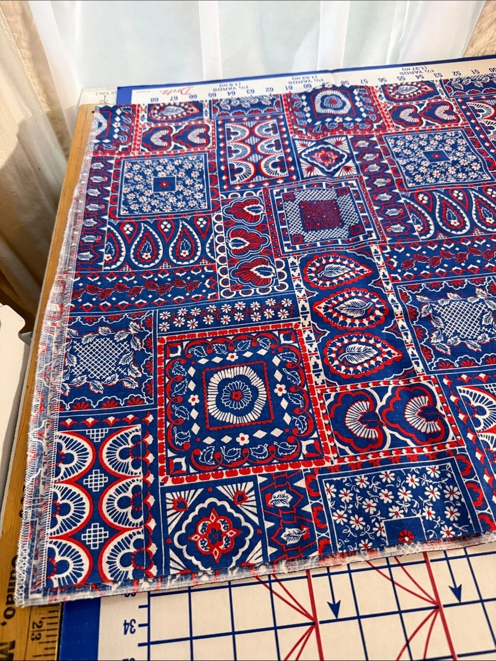 Vintage 1980s Red White Blue Patchwork Paisley Cotton Fabric 2⅓ Yards 44”